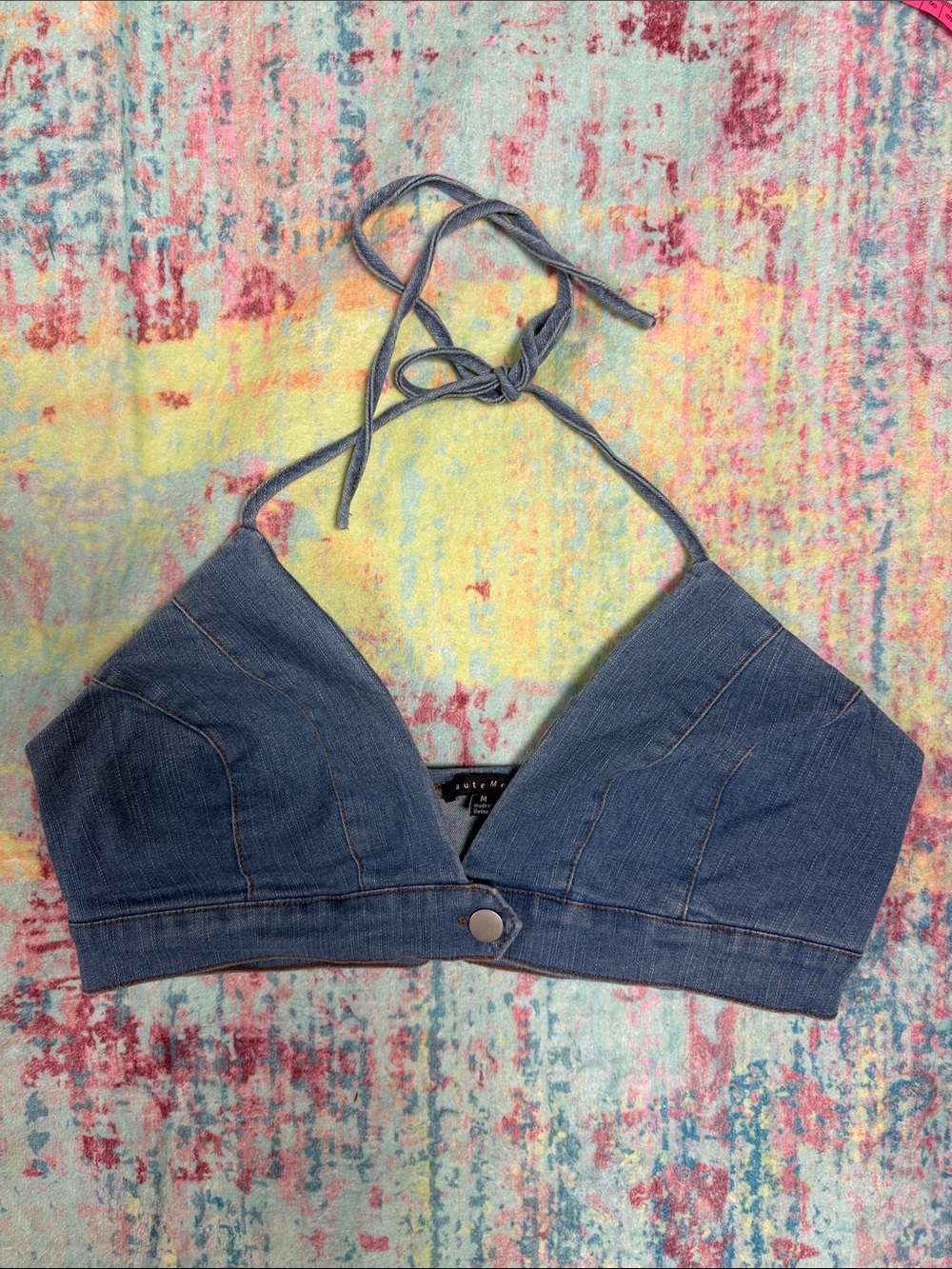 💜Haute Monde Denim Halter Crop Top in Blue